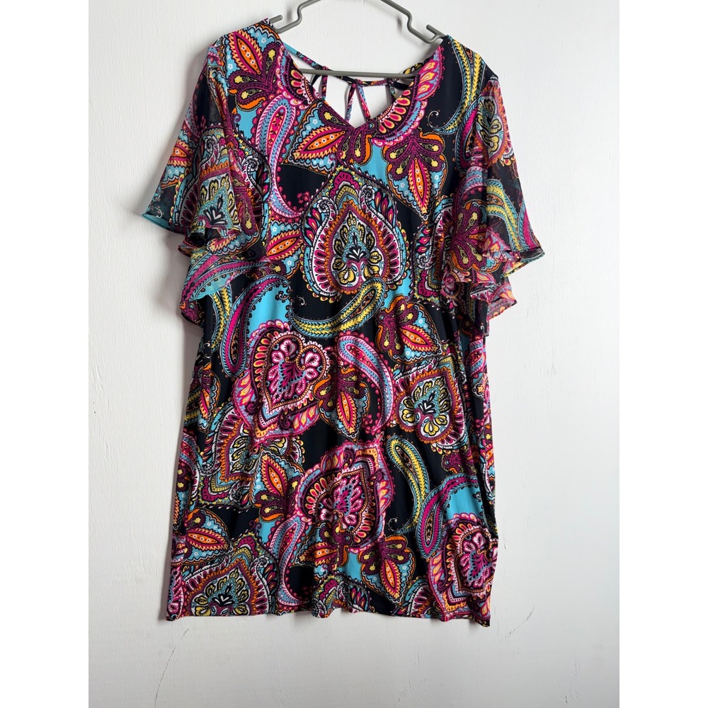 MSK Women Paisley Flutter Sleeve Blouse 2X Multicolor Strappy V-Neck Top